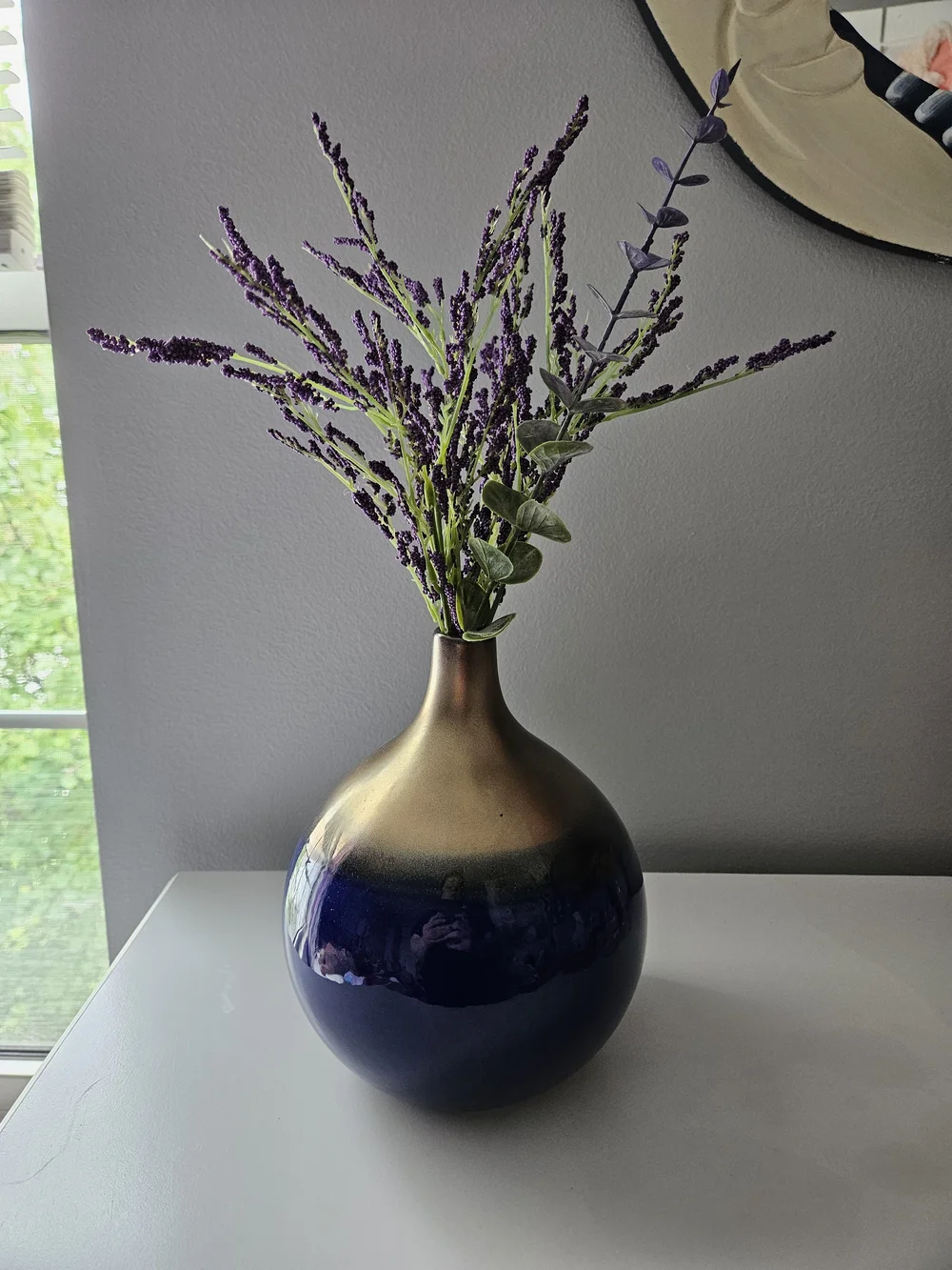 Blue and Gold Ceramic Vase with Purple Floral Accent - Home Accents